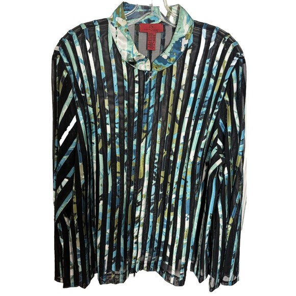 VTG‎ JS Collections Plus Sz 20 W Black Blue Mesh Stripe Zip up Top Shirt Blouse - Picture 1 of 7